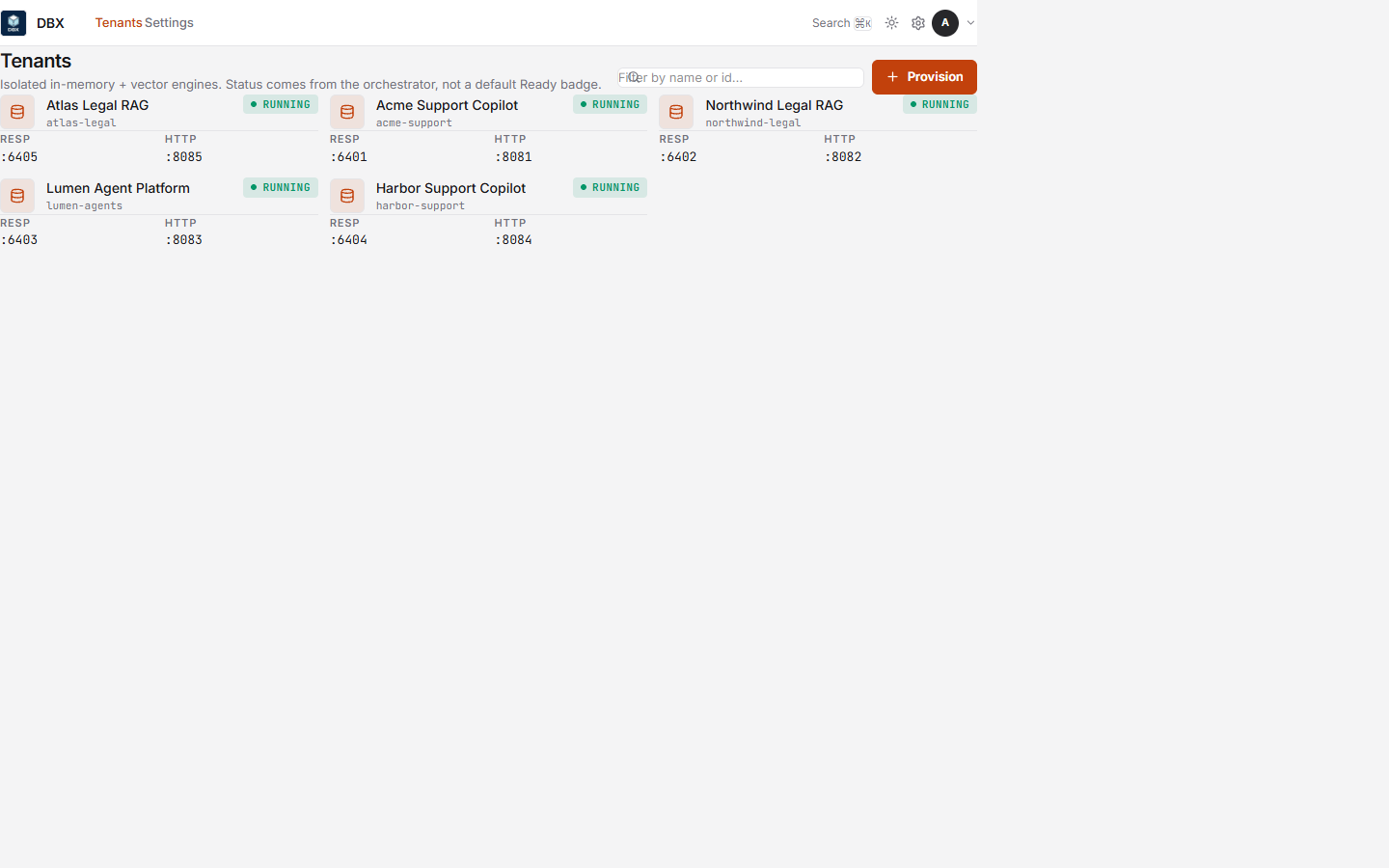 DBX dashboard tenant list with isolated engines